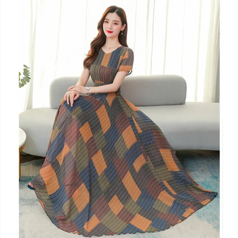 

Шифоновое платье с короткими рукавами и принтом, тонкое женское платье большого размера, летнее женское платье с круглым вырезом, S-3XL, красн...