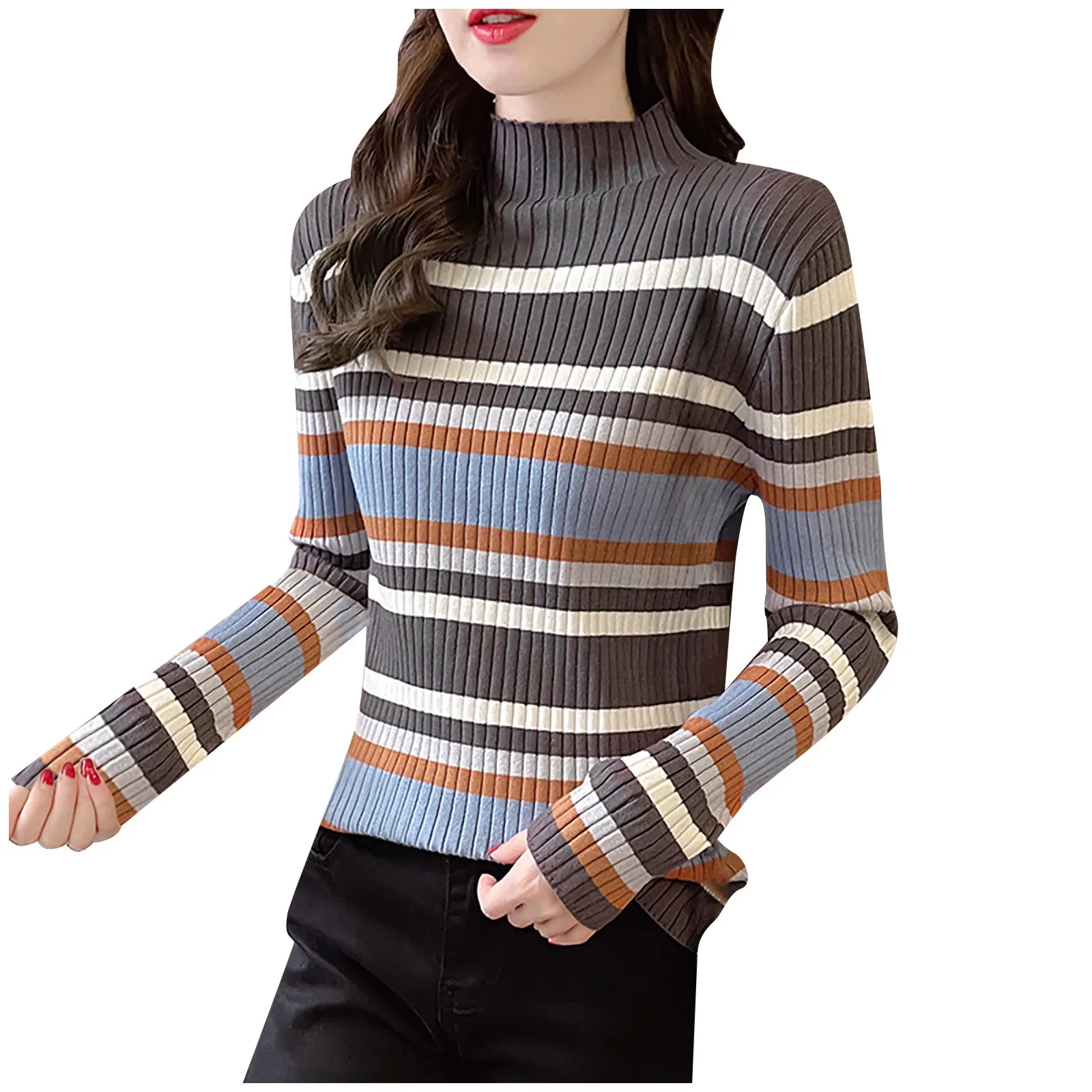 

Women's Color Block Knitwear Half High Neck Stripe Pullover Sweaters Jumper Tops Knitting Shawl Sweater
