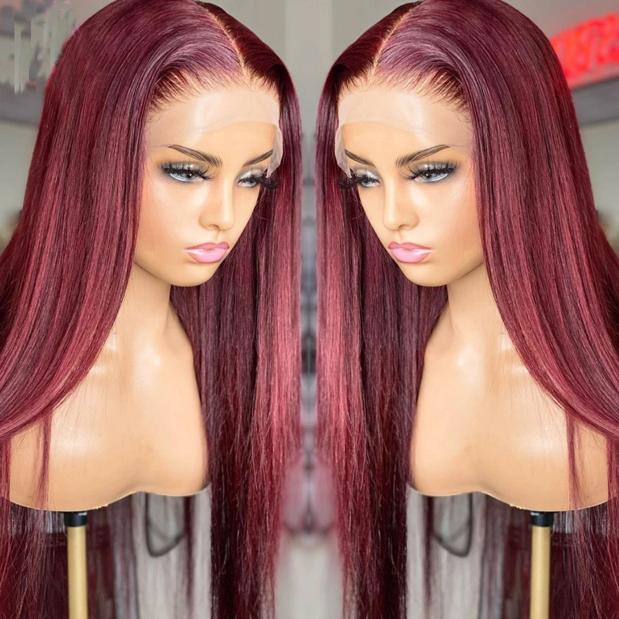 

Бордовый 180% Плотность 99J длинный прямой синтетический передний парик на шнуровке для черных женщин Детские волосы Preplucked Косплей ежедневный...