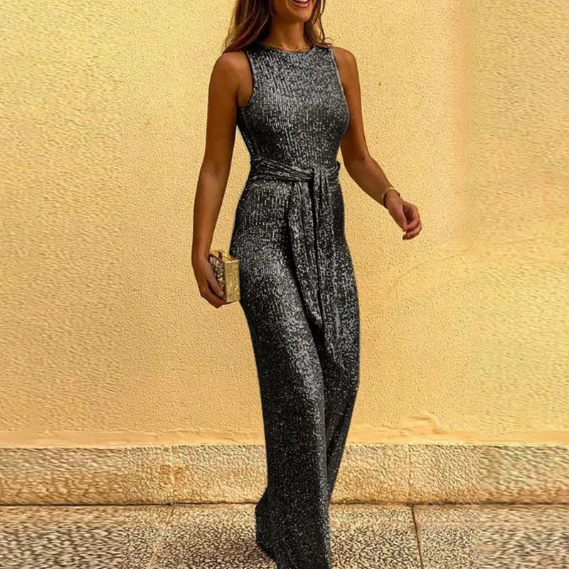 

Women Fashion Jumpsuits Red Blue Sexy Girls Sequin Trousers Belted Slim Fit Skinny Rompers Sleeveless Glitter Bodysuits Playsuit