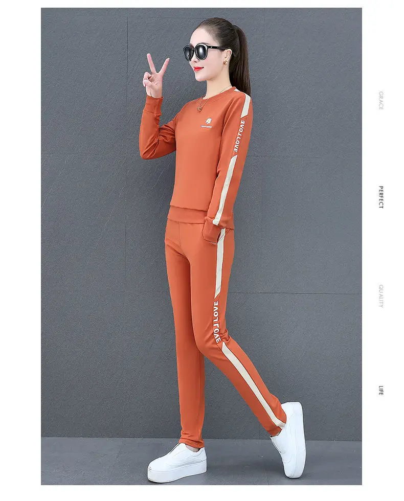 

Casual suit women 2021 spring and autumn fashion sportswear round neck printed loose western style sweater two-piece suit