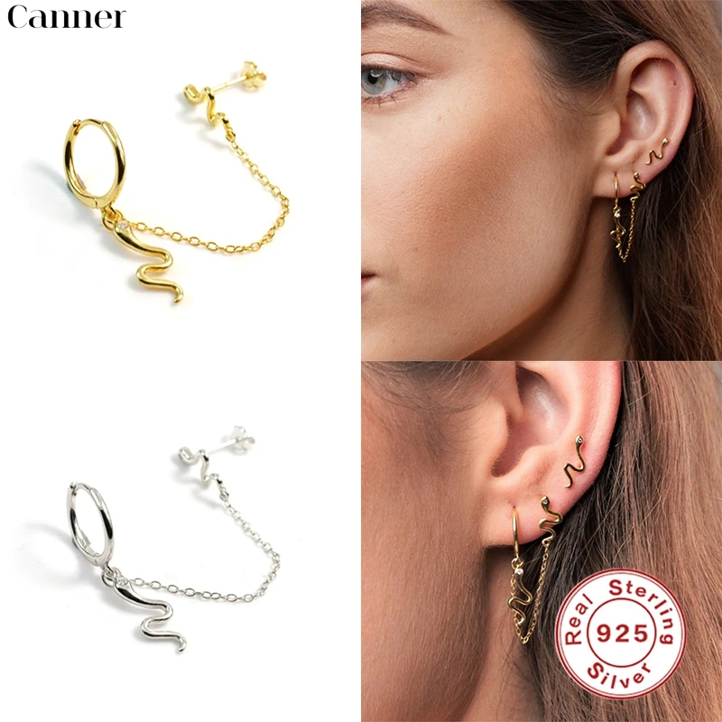 

Canner 1pcs 925 Sterling Silver Ear Cuff Snake Dangle Huggie Earrings Cartilage For Women Fine Jewelry serpiente Earcuff W4