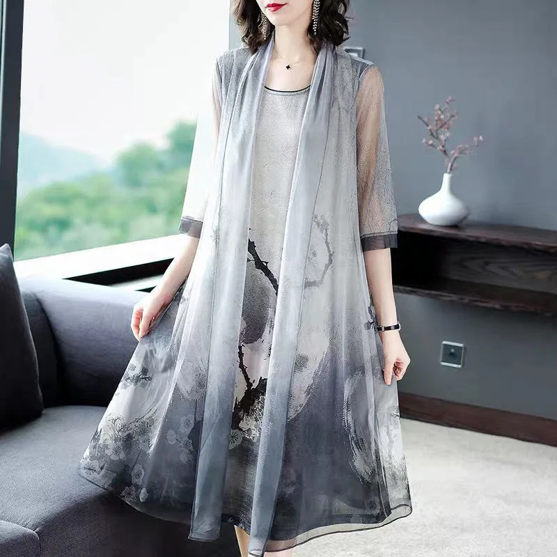 Summer New Temperament Dress Fake Two Pieces Mother Dress Korean Loose Printed...