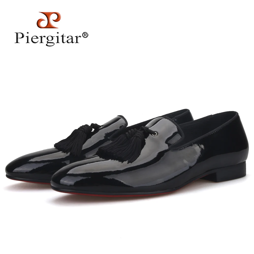 

Piergitar black patent leather men dress shoes with big tassel men loafers for party and wedding plus size men's smoking slipper