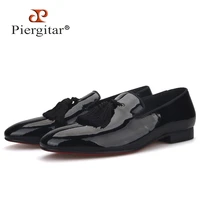 piergitar black patent leather men dress shoes with big tassel men loafers for party and wedding plus size mens smoking slipper