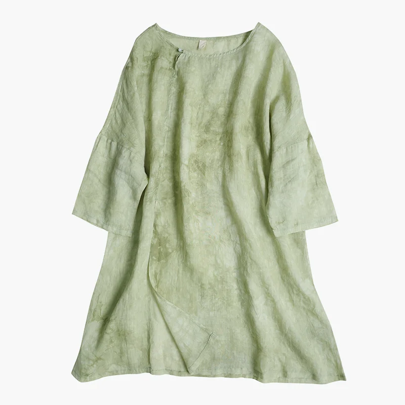 

SCUWLINEN NEW 2020 Spring Women Tops Vintage Tie Dye HIgh Slits Plus Size Loose Ramie Zen Clothes S1033