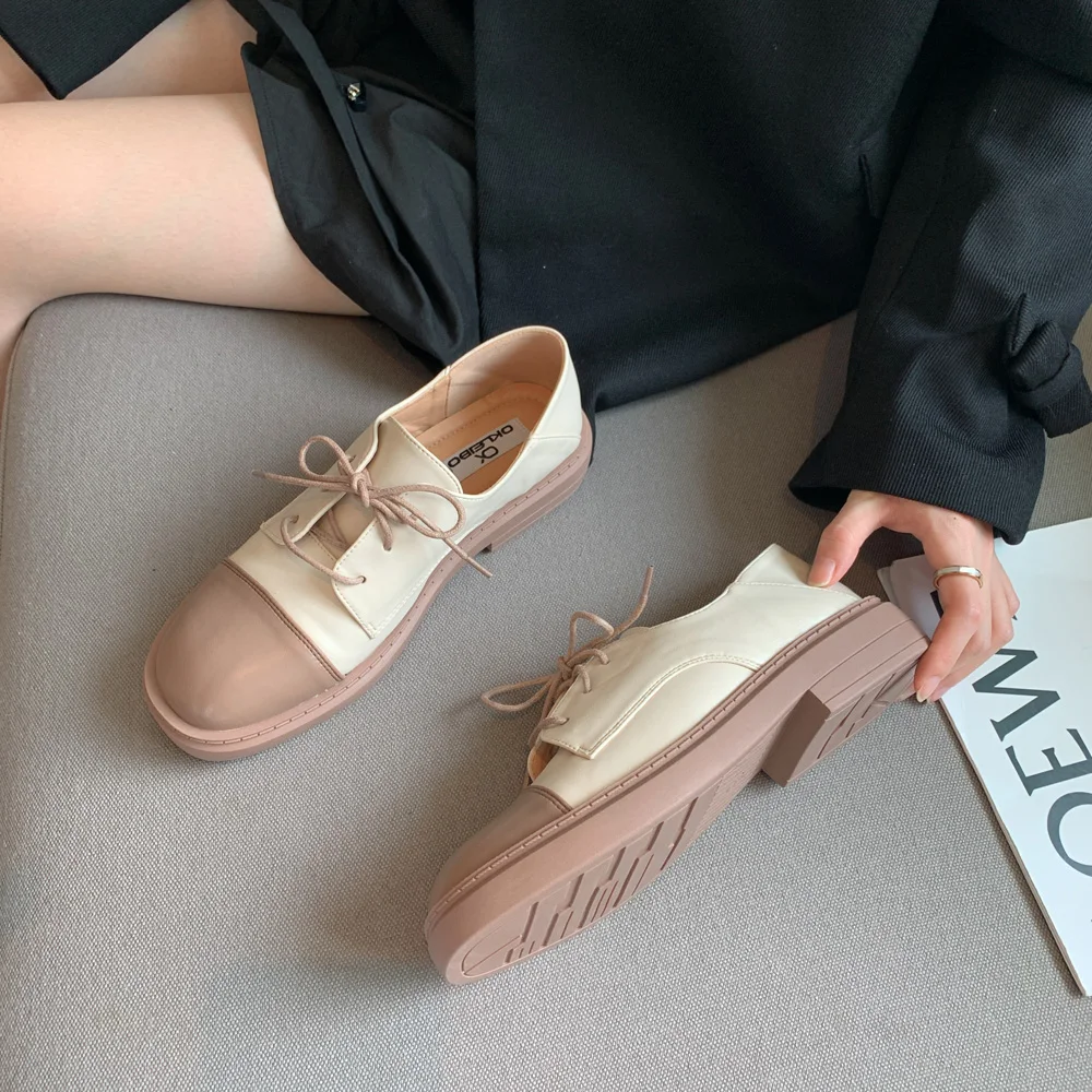 

Новинка лета 2021, туфли на толстом каблуке, Женская дышащая обувь в британском стиле, универсальная повседневная обувь со шнуровкой для весн...