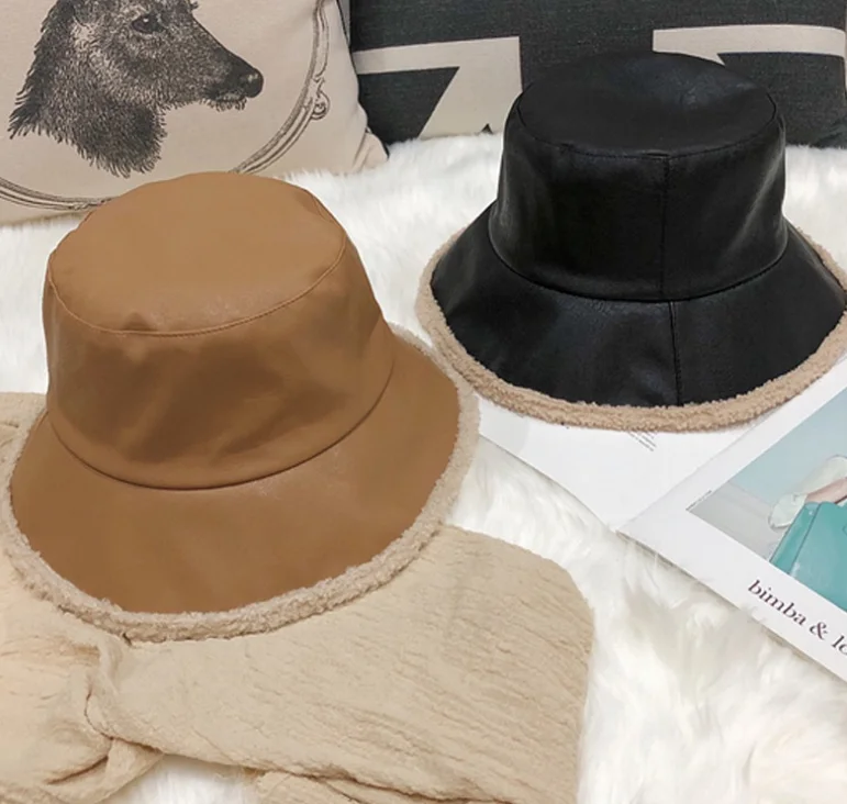 

New Winter Raw EdgeBucket Hat Women PU Warm Velvet Solid Bucket Hats Unisex Fashion Single Side Panama Fisherman Caps Tourism
