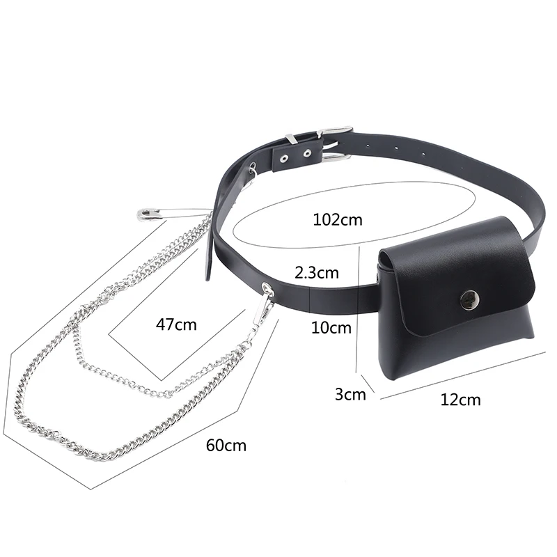 

Pu Leather Big Pin Metal Chain Mini Bag Long Belt Personality Women New Fashion Tide All Match Autumn Belt Bag