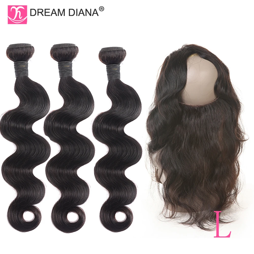 DreamDiana Brazilian Body Wave 360 Lace Frontal With Bundles 22"4"2"1B 12-26L Remy Weave 3 Bundles With 360 Lace Frontal Closure