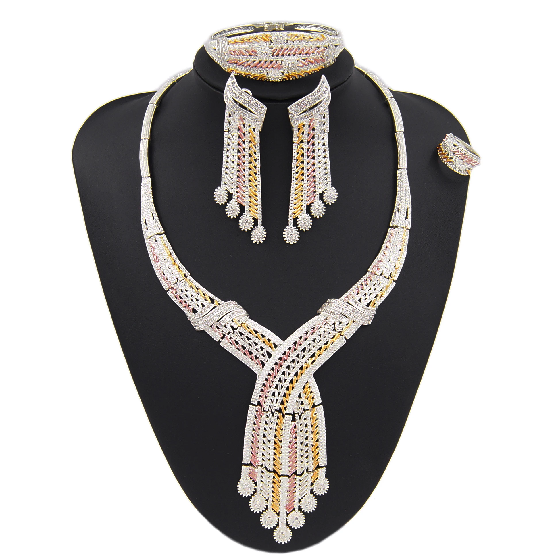 Ювелирные наборы Yulaili из Дубая золотые ювелирные изделия для женщин ожерелье с кристаллами серьги браслет кольцо Свадебные ювелирные издел...