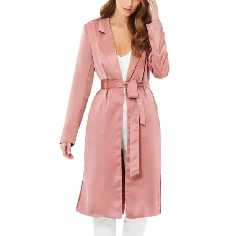 

Pink satin Self Tie Duster Trench Coat Long Sleeve Wrap Long Outer With Belt Women Casual Fall Winter Workwear office OL Coat