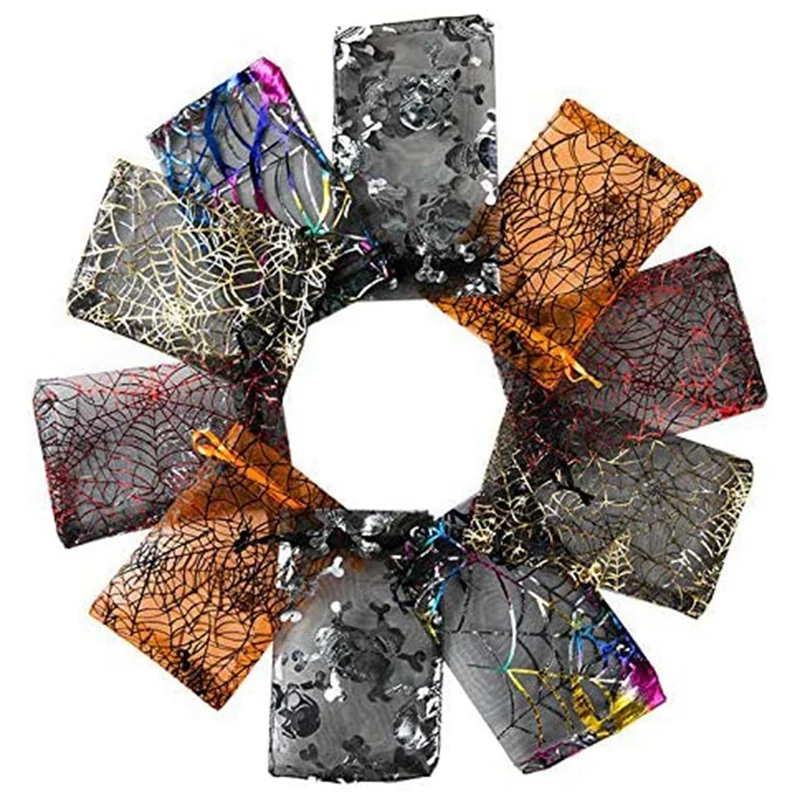 

100Pcs Christmas Candy Hot Stamping Gauze Bag 10X15CM Halloween Gift Storage Drawstring Bag Organza Ornament Gauze Bag