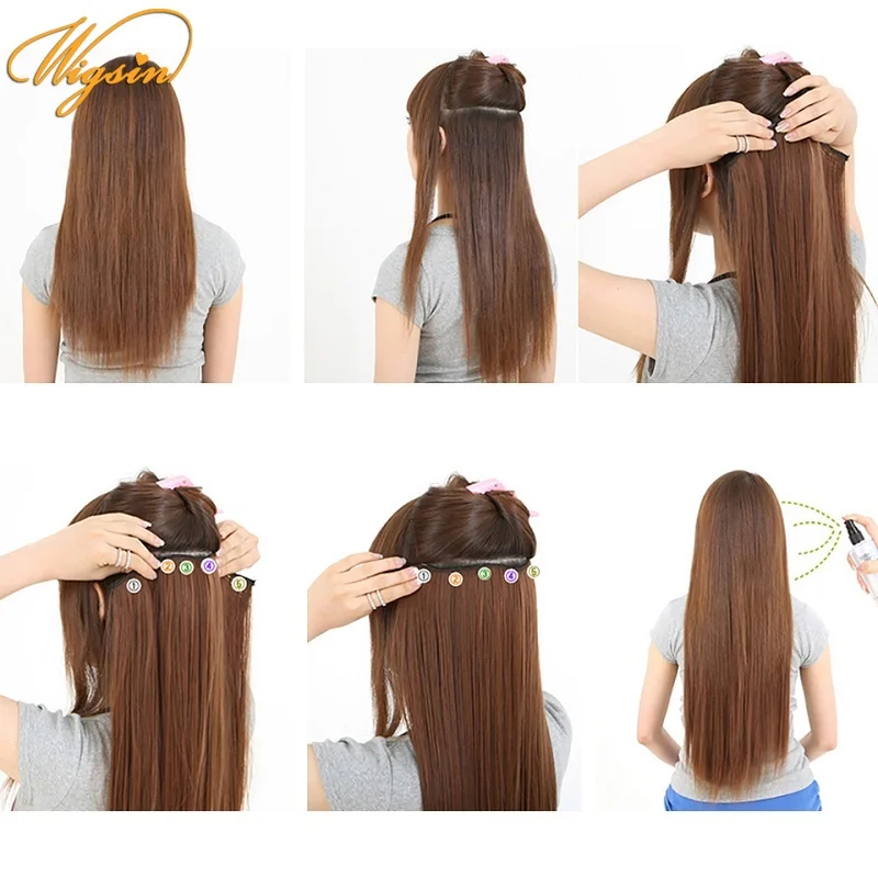 

WGISIN Synthetic Long Straight 5Clip in one Piece Hair Extension 24Inch Natural Black Brown Blond Hairpiece for Women