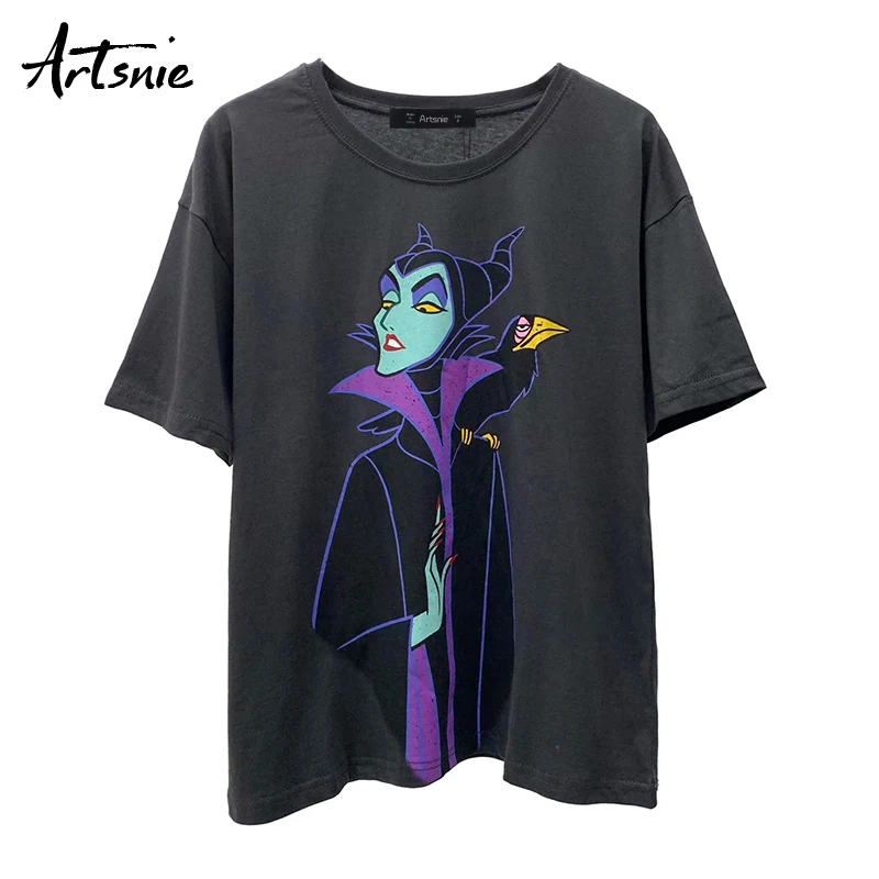 Artsnie summer 2020 cartoon print women t shirt o neck short sleeve tops female streetwear casual black gray t-shirt mujer | Женская
