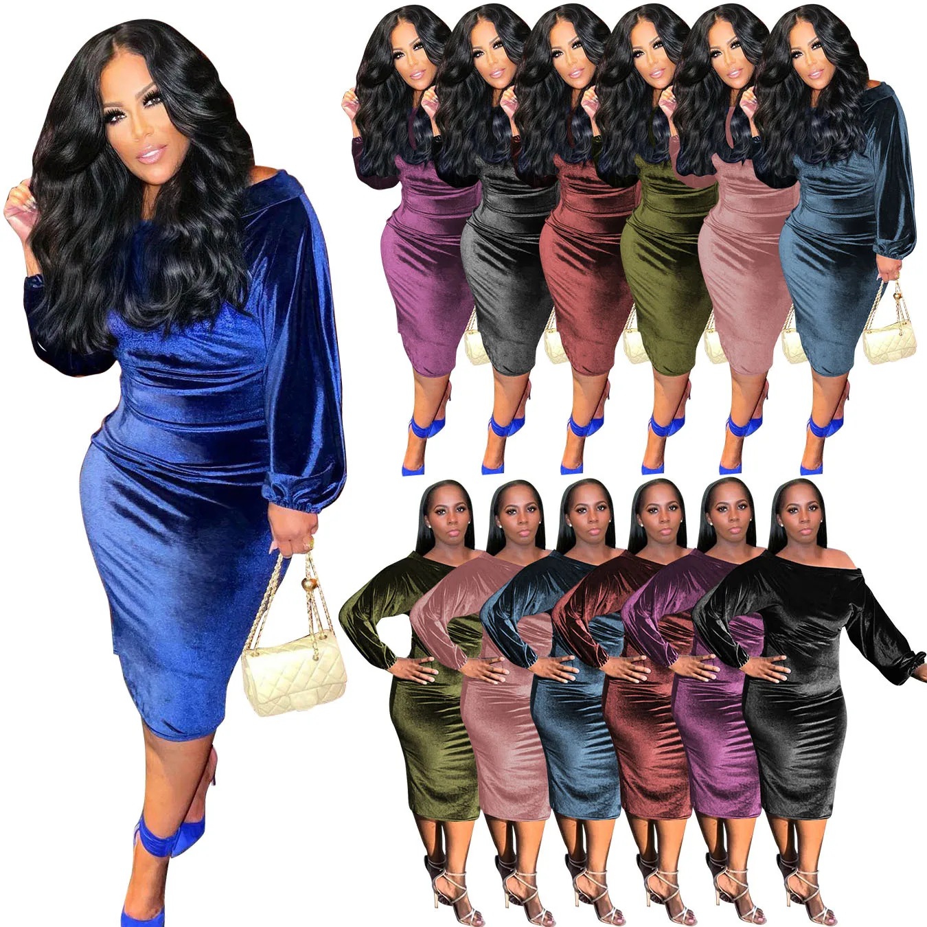 

Женское бархатное платье с вырезом лодочкой, элегантное облегающее платье с пышными рукавами, модная уличная одежда с длинным рукавом, женс...