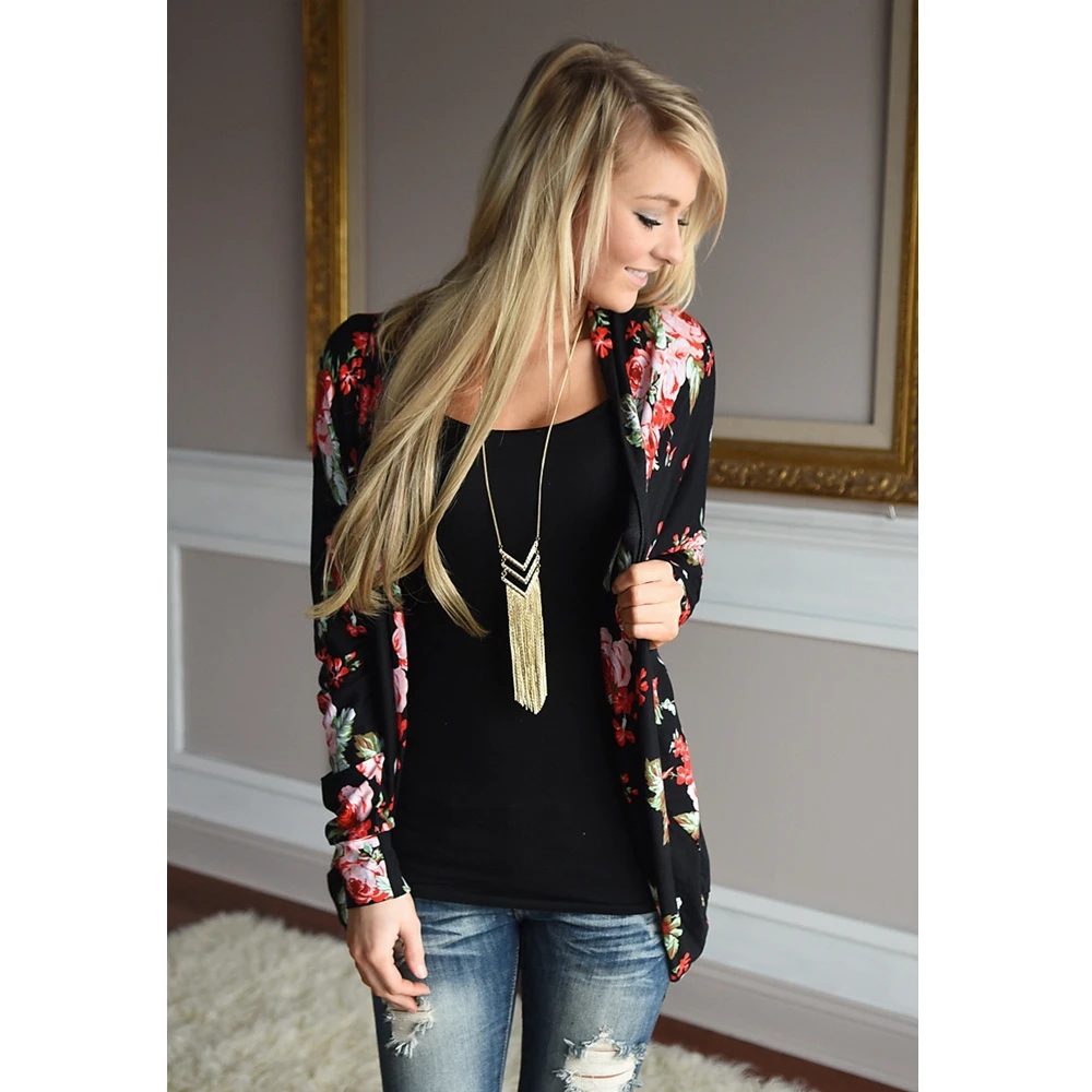 

Coats and Jackets Women Fashion Long Sleeve Turn-down Collar Cardigan Printed Jacket Casual Polyester Thin Coat Lugentolo
