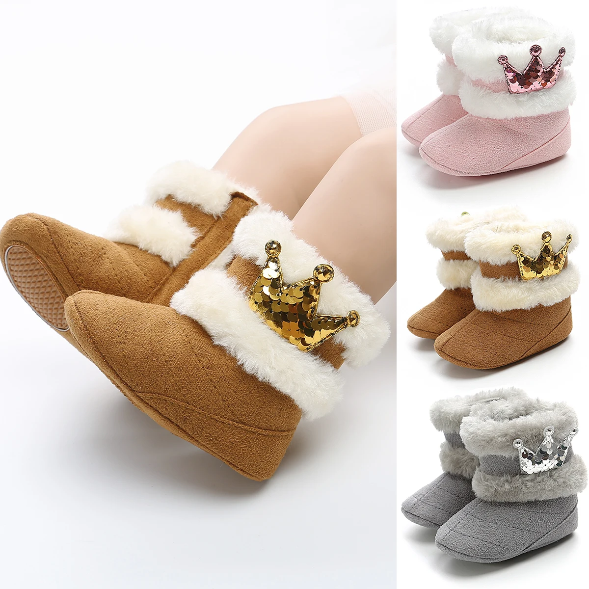

2019 New Newborn Infant Baby Girls Winter Warm Crown Fur Mid-Calf Length Slip-On Furry Boots 0-18M Sequins Crown Non-slip Shoes