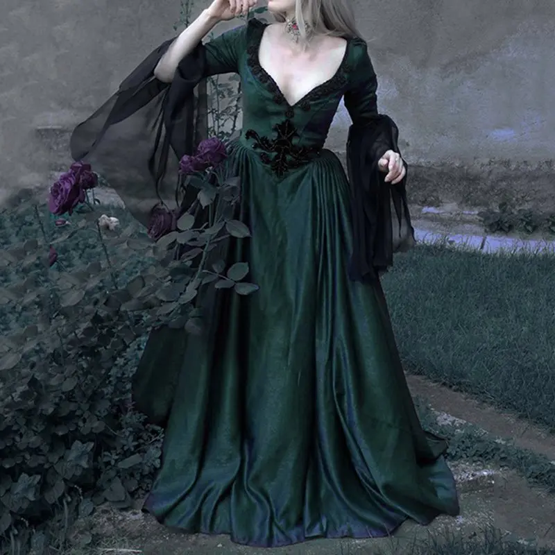 Женское винтажное длинное платье Goth темно черное Сетчатое в стиле ретро на осень