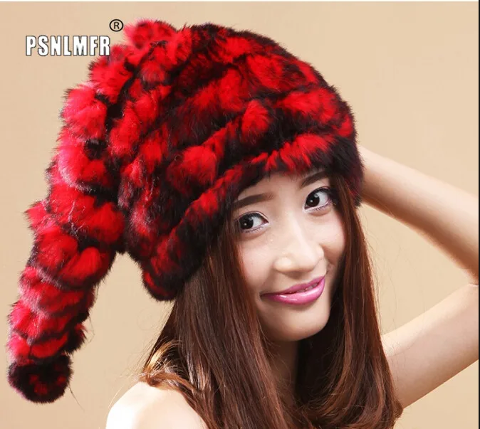 

Women's cute rex rabbit fur Christmas Hat 2020 Winter Outdoor Warn Women'hat 100% Natural Rex Rabbit Fur Knitted Cap Hats