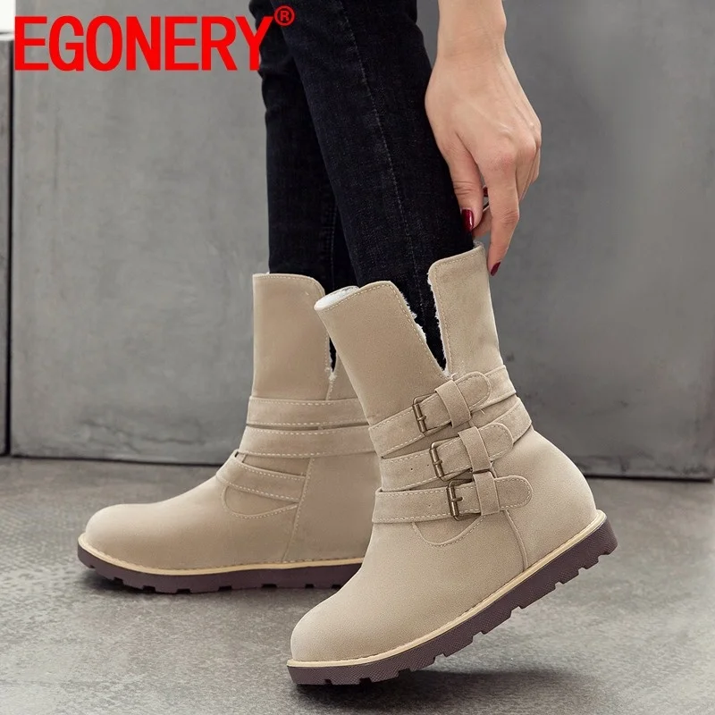 EGONERY 2019 зимние теплые Новые зимние сапоги снаружи удобные летние туфли на плоской подошве с пряжкой, круглый носок, флок, размера плюс, женск...