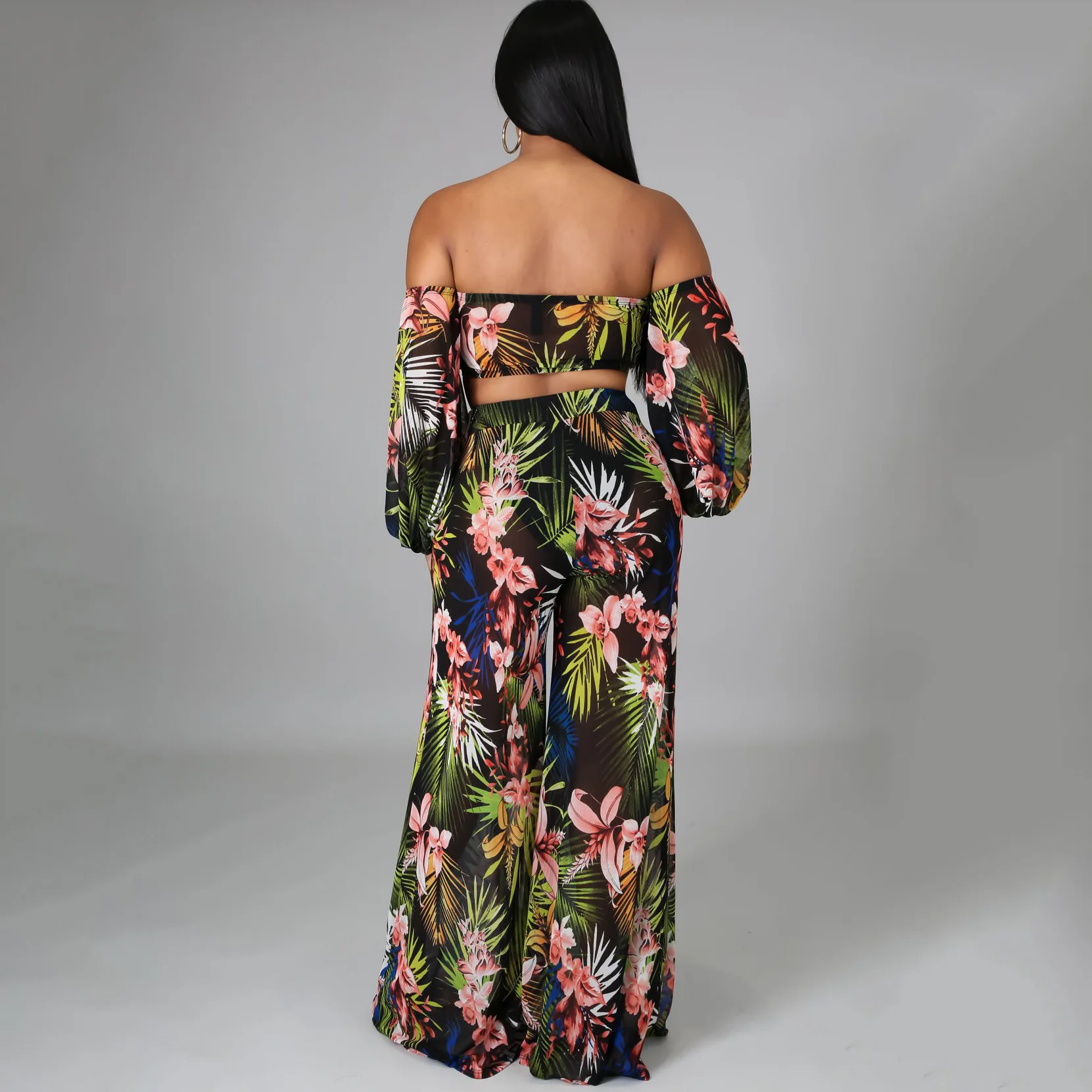 

Women Sexy Sets Floral Print Slash Neck Crop Top & Long Pants Loose High Waisted Fashion Elegant Evening Night Club Outfits Sets