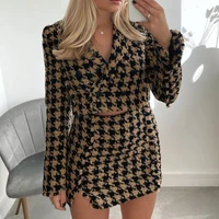 za 2021 tweed womens suits with skirt mini flared elegant sets camel black cropped blazer houndstooth textured classic fashion