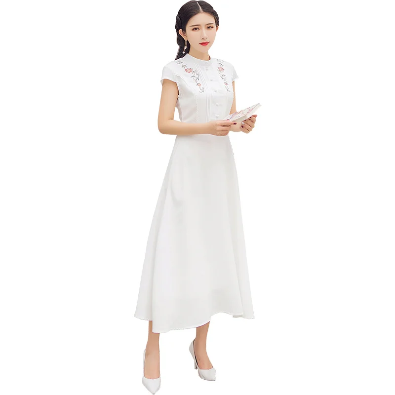 

COIGARSAM Cheongsam Short Sleeve Women dress New Summer O-Neck Dresses White 6765