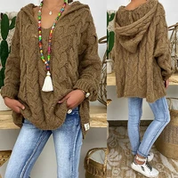 women autumn solid color long sleeve braided hooded pullover knitted sweater