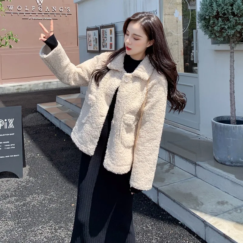 

Fall/Winter 2020 Korean Style Woolen Coat Women Solid Color Lapel Single Breasted Temperament Thickened Lamb Hair Lamb Fur Coat