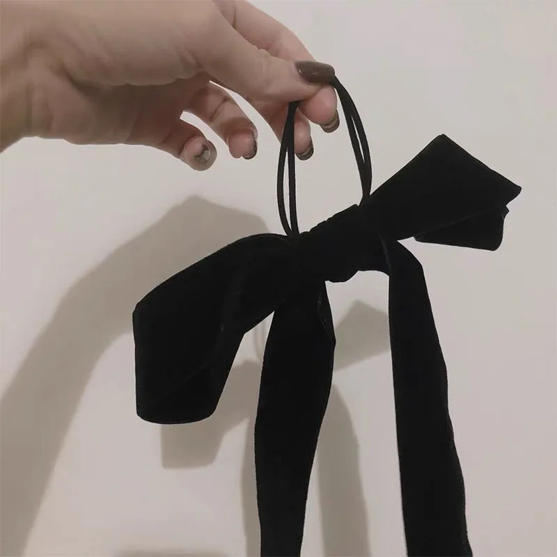 

Vintage Black Velvet Bow Hair Ribbon Scrunchie for Women Girls Long Elastic Hair Tie Headwear Female Hair Accessories