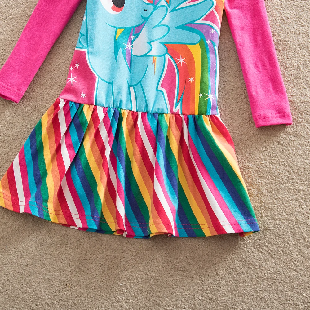 JUXINSU My Baby Girls Little Pony Cartoon Girl Rainbow Long Sleeve Dresses Pony Casual Dress Autumn Winter Home Wear 1-8 Years