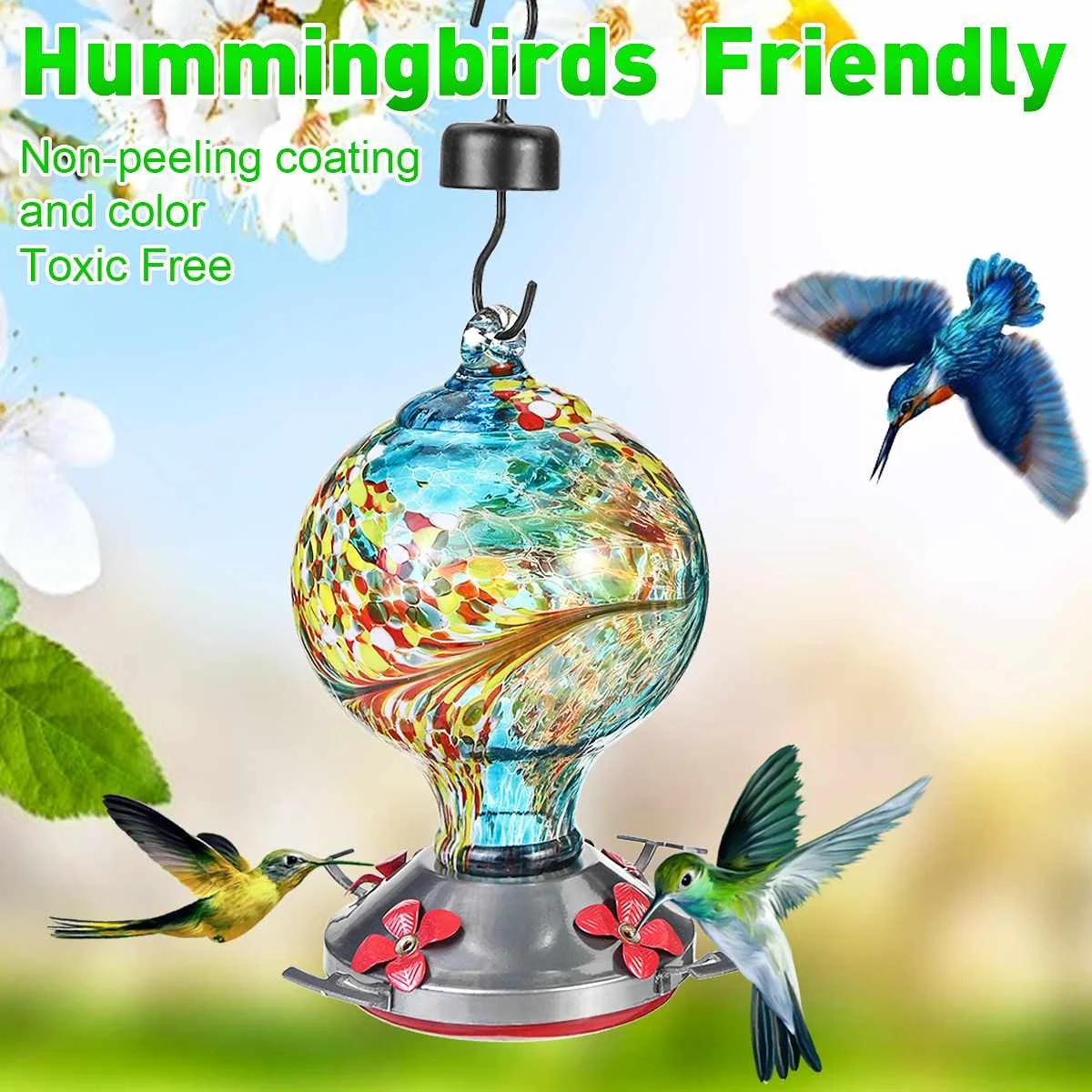 

8 Inch Colorful Glass Hummingbird Feeder Pet Bird Feeders Drinker Water Feeding Bowl for Yard Outdoor Parrot Birds Accessories