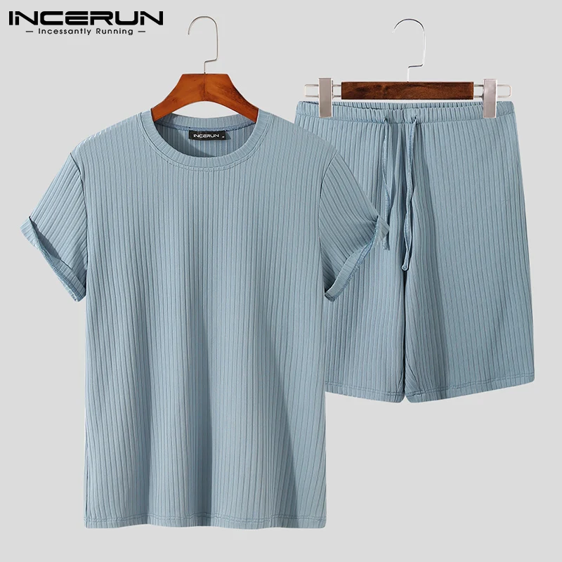 INCERUN Summer Men Sets Solid Color Streetwear 2021 O Neck Short Sleeve T Shirt Drawstring Shorts Casual Cozy Mens Suits S-5XL