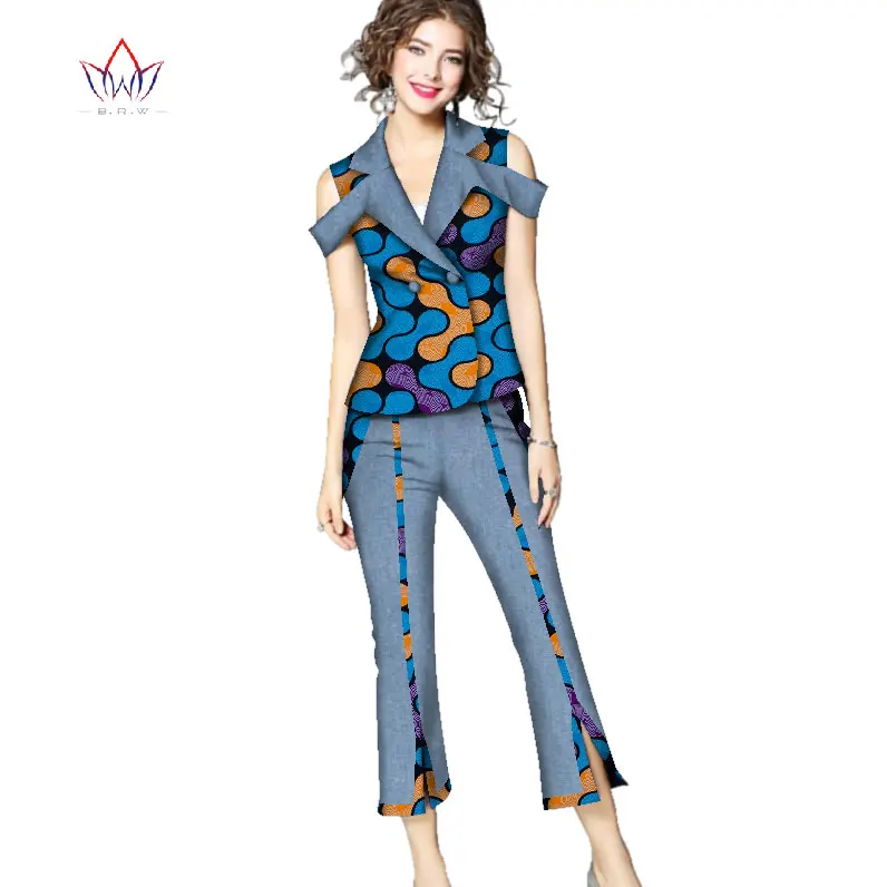 Women's 2-piece set elegant pants vintage african attire female turn-down collar plus size women clothing two piece set  WY2686