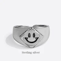 retro trendy simple smiley ring square hip hop open ring student couple ring distressed thai silver accessories