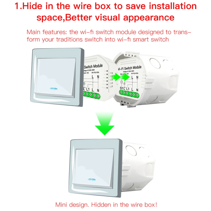 

Hidden Smart Switch Smart Life/Tuya APP 1/2 Way 90-250V WiFi Switch Module With Rail Bracket Work With Alexa Google Home
