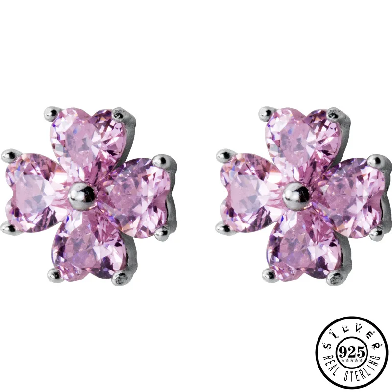 

925 Sterling Silver Pink Cubic Zirconia Earings Small CZ Flower Shape Stud Earrings Christmas Gifts Jewelry for Women