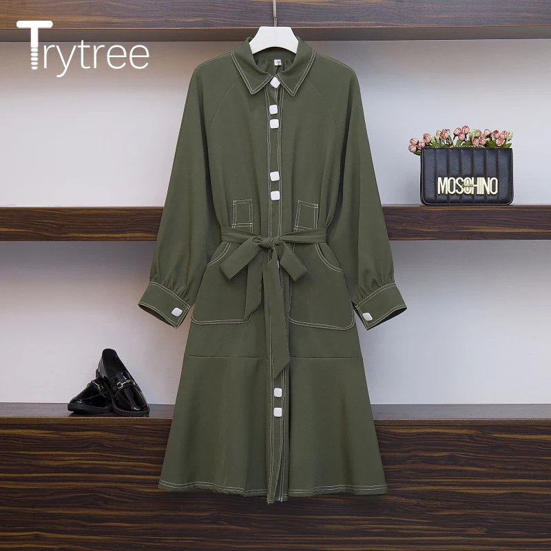 Trytree/осенне-зимние женские повседневные однотонные платья с отложным воротником
