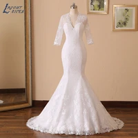 lace mermaid wedding dress 2022 sexy backless with button v neck half sleeves vestido de noiva trumpet bridal gown