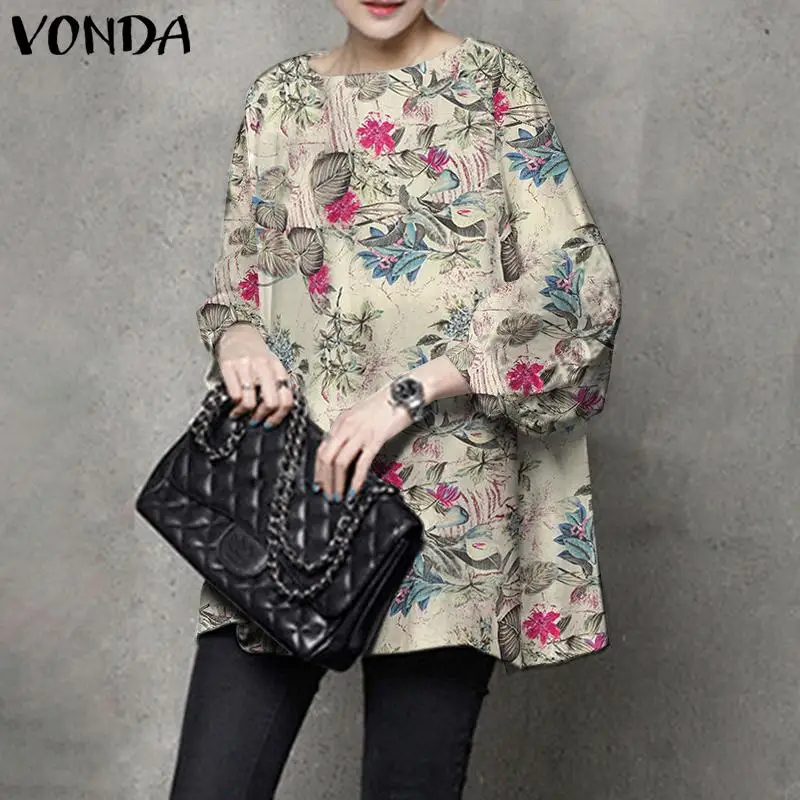 

VONDA 2021 Party Shirts Women Autumn Casual O Neck 3/4 Sleeve Office Tops Vintage Print Cotton Blouse Bohemian Blusas Femininas