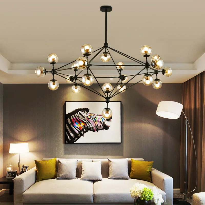 GLSZ Iron Modern LED Chandelier Black E27 90-260V 5/10/15/21 Head For Living Room Bedroom Loft Ceiling Lamps Art Glass Pendant | Лампы и