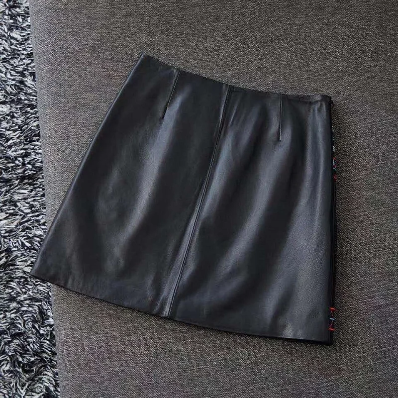 

100%Sheep Skin Leather Skirts 2020 Autumn Winter Casual Skirt Women Vintage Embroidery Slim Fit A-Line Black Yellow Skirt Suede