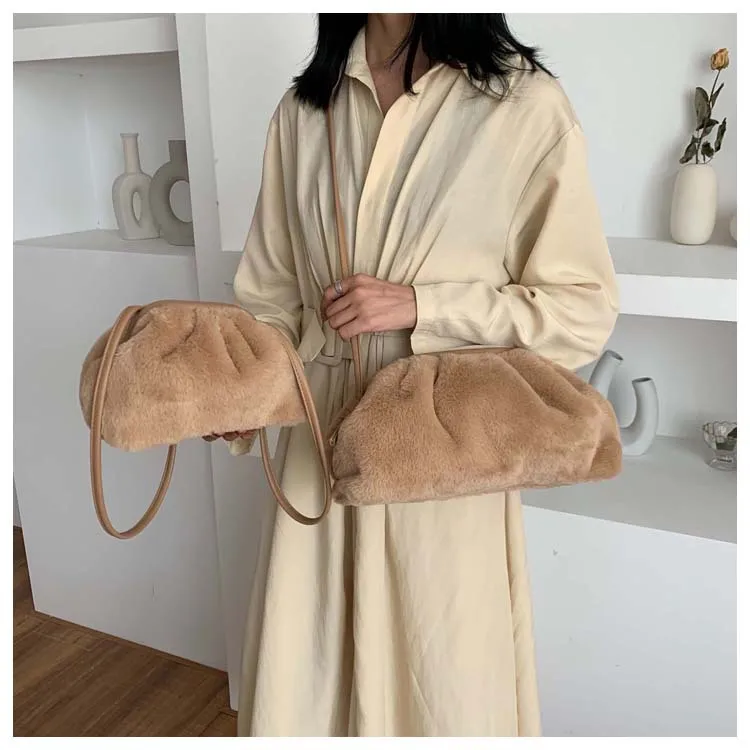 small Винтажный кошелек, плюшевая сумка через плечо, дневной клатч, вечерние сумочки с мехом, женская сумка с рюшами, сумка-мессенджер, одноцветная сумка - Цвет: small