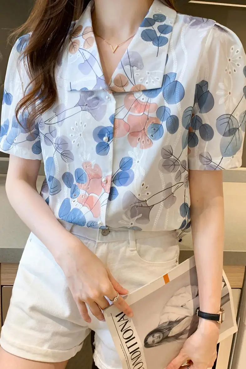 

2021 Summer Puff Sleeve Chiffon Women Shirts Tie-dye Printed Lace Blouse Female Short Tops Shirt elegant Korean Fashion Clothing