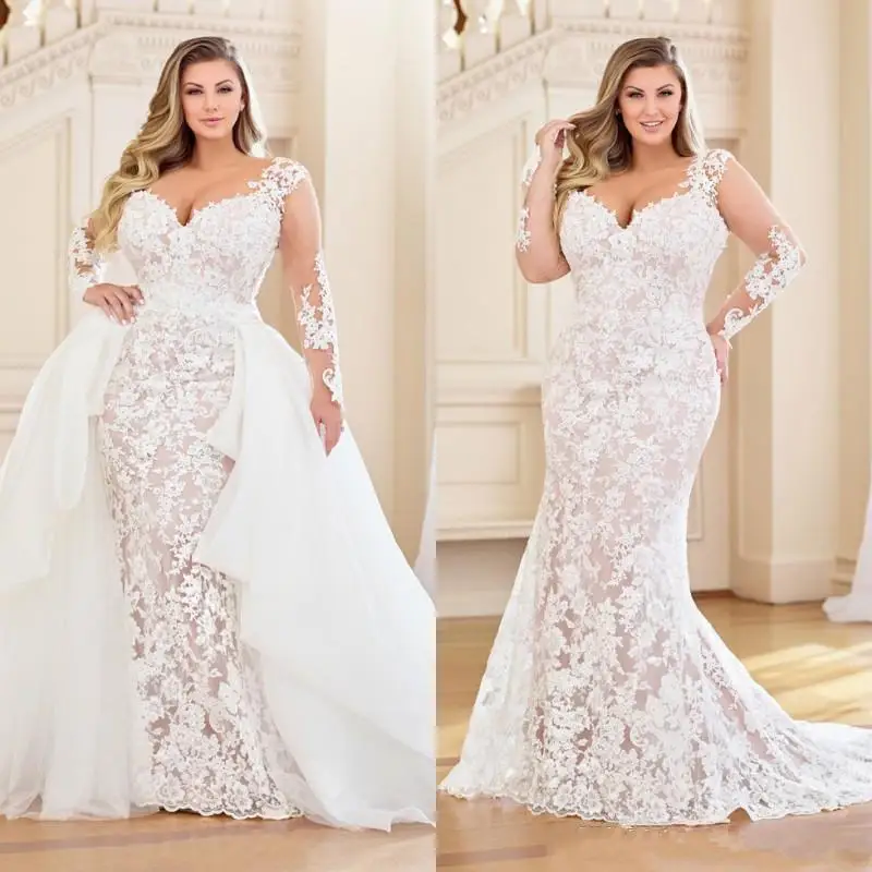 

Plus Size Mermaid Wedding Dresses With Detachable Train Long Sleeve Lace Appliqued Bridal Dress Sweetheart Neck Wedding Gowns