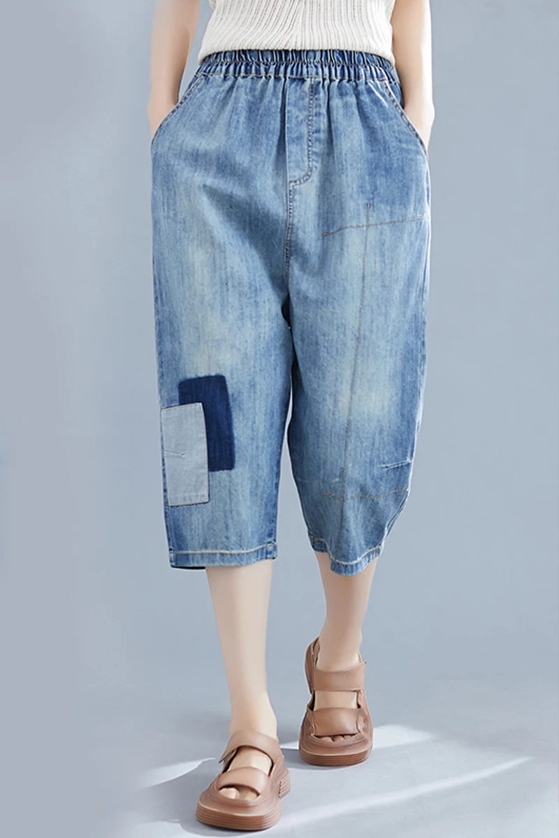 

Jeans fabric Patchwork Straight Spliced fiteing Vintage Bleached Elastic waist Knee length pants mujer DM001