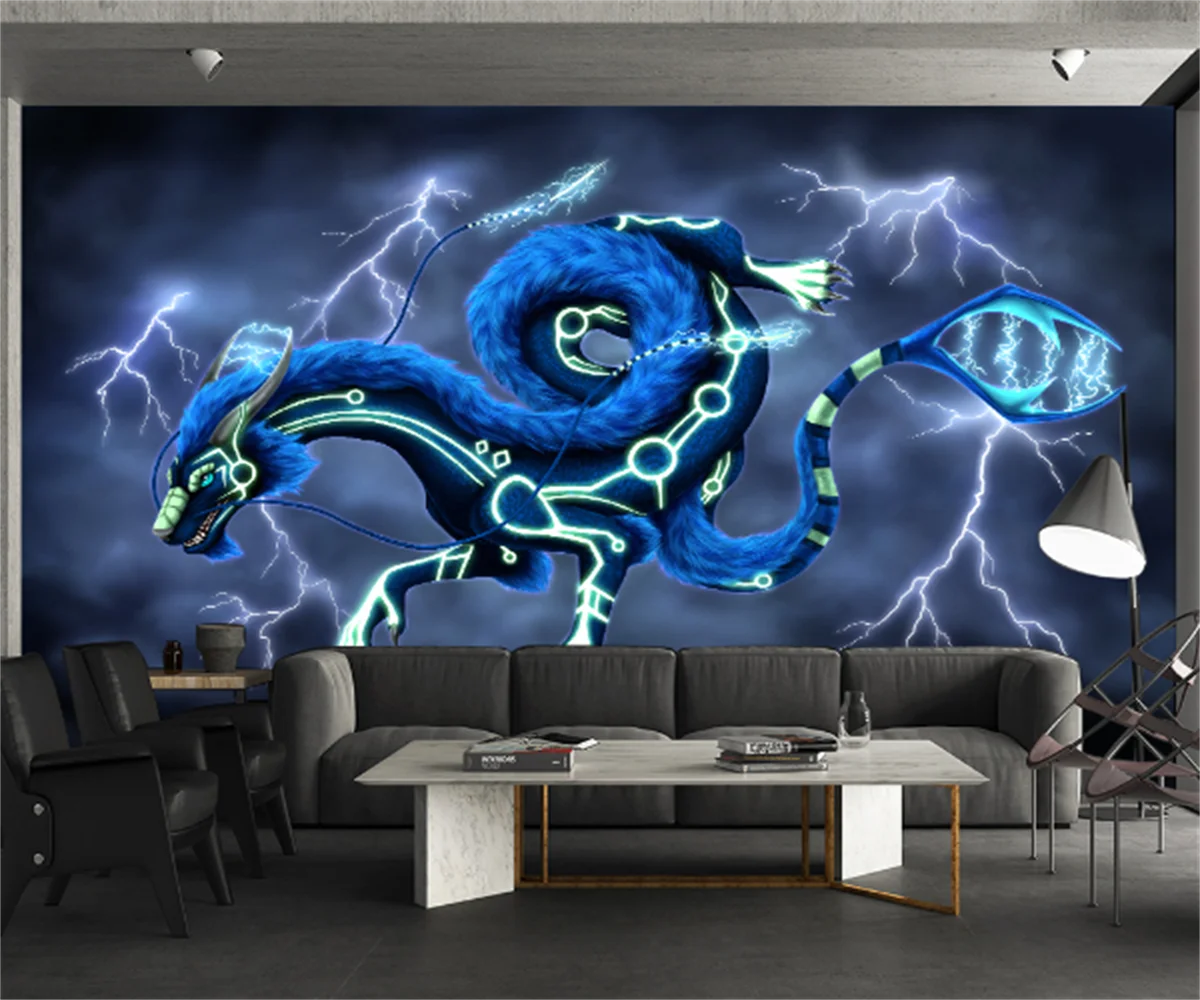 

Nordic modern blue retro dragon dream sofa tooling background wallpaper custom waterproof self-adhesive mural wallpaper papel