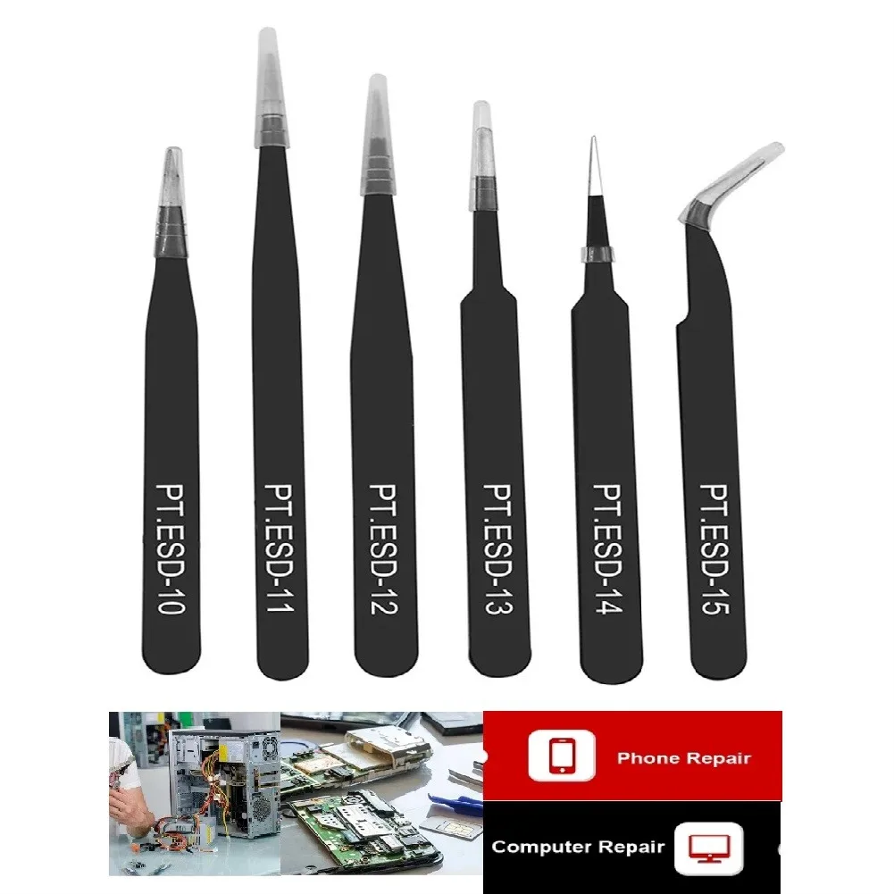 

6Pcs ESD 10-15 Anti-static Tweezers Set Maintenance Repair Stainless Steel For Industrial Precision Curved Straight Tweezers