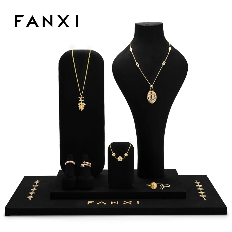 

FANXI Black Jewelry Display Props Set Luxury Wooden Necklace Bust Microfiber Earring Stand Jewelry Organizer Tray